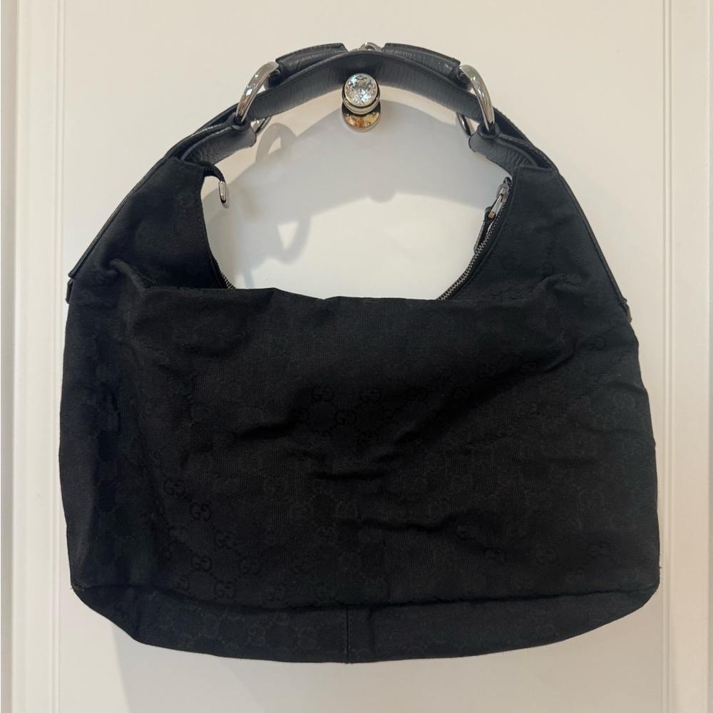 Gucci Medium Canvas GG Monogram Horsebit Black Hobo Bag